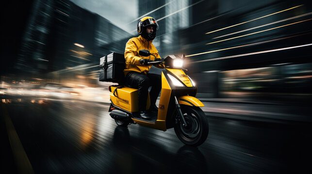 Man delivering package on motorbike. 