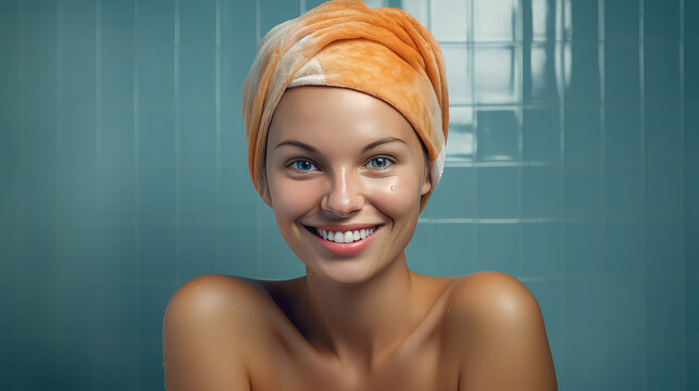 Portrait of a young smiling woman after a shower with a bath towel on her head. Spa procedures, home hair care. 