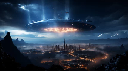 Rolgordijnen UFO UFOs fliegen am Nachthimmel. Fantasielandschaft. 3D-Rendering  UFOs flying in the night sky. Fantasy landscape. 3D rendering