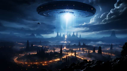 Fotobehang UFO UFOs fliegen am Nachthimmel. Fantasielandschaft. 3D-Rendering  UFOs flying in the night sky. Fantasy landscape. 3D rendering