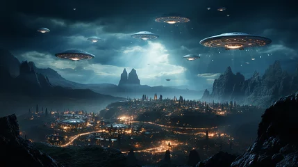 Photo sur Plexiglas UFO UFOs fliegen am Nachthimmel. Fantasielandschaft. 3D-Rendering  UFOs flying in the night sky. Fantasy landscape. 3D rendering