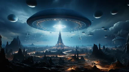 Foto op Aluminium UFOs fliegen am Nachthimmel. Fantasielandschaft. 3D-Rendering  UFOs flying in the night sky. Fantasy landscape. 3D rendering © NHDesign