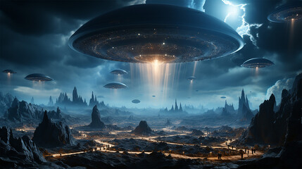 UFOs fliegen am Nachthimmel. Fantasielandschaft. 3D-Rendering  UFOs flying in the night sky. Fantasy landscape. 3D rendering