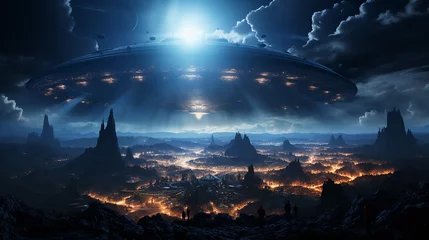 Zelfklevend Fotobehang UFOs fliegen am Nachthimmel. Fantasielandschaft. 3D-Rendering  UFOs flying in the night sky. Fantasy landscape. 3D rendering © NHDesign