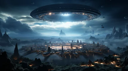 Deurstickers UFO UFOs fliegen am Nachthimmel. Fantasielandschaft. 3D-Rendering  UFOs flying in the night sky. Fantasy landscape. 3D rendering