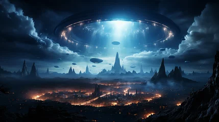 Tuinposter UFOs fliegen am Nachthimmel. Fantasielandschaft. 3D-Rendering  UFOs flying in the night sky. Fantasy landscape. 3D rendering © NHDesign