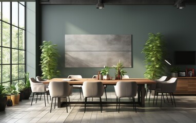 Grey office and open plan conference room with blank wall