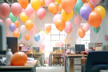 decoration in office with balloons in pastel colors celebrating birthday 