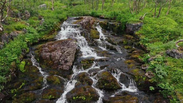 Norwegian nature unveiled - aerial view of mossy mountain wall, Lofoten's rocky coastline.