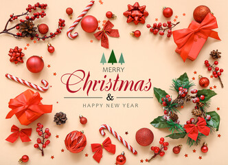 Greeting card for Christmas and New Year with gifts and beautiful decorations