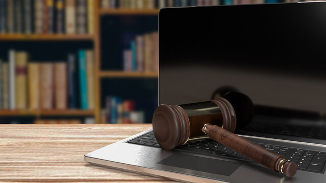 The hammer on notebook in Libraly Background  for law concept 3d rendering