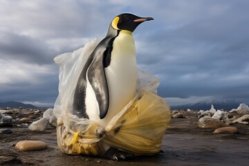 penguin on the beach, distressed penguin bird with its body tangled in a plastic bag, wrapped in plastic bag, environment animal protection concept