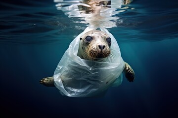 Seal animal in water, distressed seal with its body tangled in a plastic bag, wrapped in plastic...
