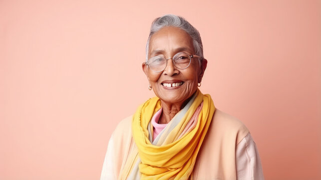 Generative AI, joyful elderly indian woman in casual stylish clothes smiling on color background, advanced age, old lady, space for text, mature people, happy pensioner, retired lifestyle