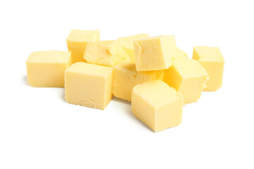 Pieces of fresh butter on white background
