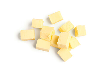 Pieces of fresh butter on white background