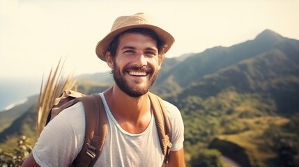 close-up shot of a good-looking male tourist. Enjoy free time outdoors near the sea on the beach. Looking at the camera while relaxing on a clear day Poses for travel selfies smiling happy tropical - obrazy, fototapety, plakaty