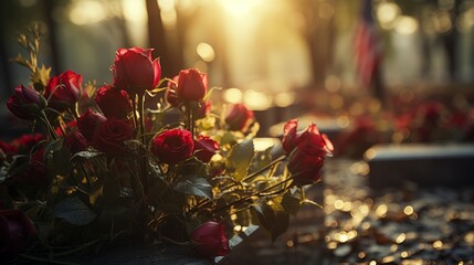  bouquet of red roses on a table, honoring veterans on Veterans Day at a cemetery