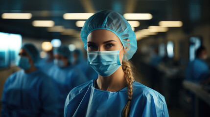 Generative AI, doctor in a mask and gown in the operating room, hospital, clinic, operation, treatment, surgeon, resuscitation, cardiology, neurosurgery, disease, virus, pandemic, medicine, medical - obrazy, fototapety, plakaty