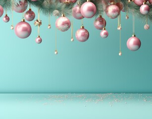 Christmas pink and turquoise balls and Christmas decor on a turquoise background. copy space