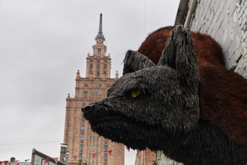 In a traditional Lithuanian house in the city of Riga, the mounted head of a preserved bear serves...