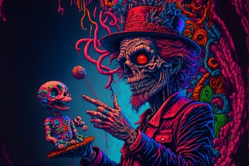 a puppet master with puppet highly detailed with micro detail vibrant colours trippy illustration high contrast neon colors LSD hyper detailed 
