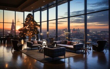 Spacious office lobby with panoramic windows and decorated Christmas tree