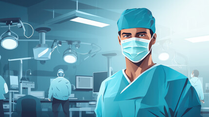 Generative AI, doctor in a mask and gown in the operating room, hospital, clinic, operation, treatment, surgeon, resuscitation, cardiology, neurosurgery, disease, virus, pandemic, medicine, medical