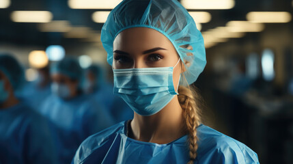 Generative AI, doctor in a mask and gown in the operating room, hospital, clinic, operation, treatment, surgeon, resuscitation, cardiology, neurosurgery, disease, virus, pandemic, medicine, medical - obrazy, fototapety, plakaty