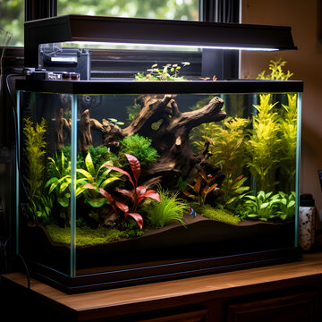A 40 gallon fish tank aquarium with different underwater plants and driftwood. Generative ai. 