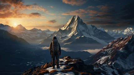 Papier Peint photo Everest man climbing on top everest mountain peak.