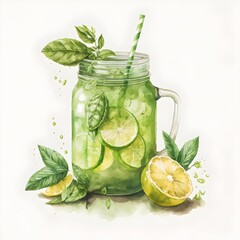 green limonade illustration watercolour clear background  - obrazy, fototapety, plakaty
