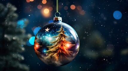 A glass ornament with a christmas tree on it - obrazy, fototapety, plakaty