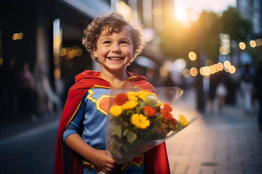 Kid in no name superhero costume gives someone mother flowers in streets. A noble deed of a child