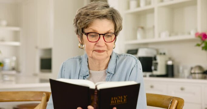 Senior woman, bible study and reading for religion, knowledge and connection to God for retirement in house. Elderly person, spiritual book and Christian worship with learning, development and peace