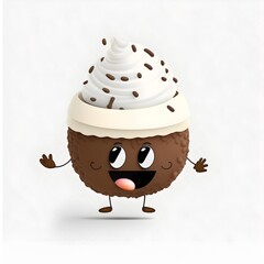 cute smiling coffee bean character white whipped cream hat no coffee cup white background 