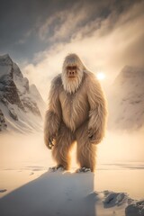 A giant yeti looking at camera snow mountain background blizzard snow in the foreground ice fog golden hour lighting sunset National Geographic awardwinning photography shot on Agfa Vista  - obrazy, fototapety, plakaty