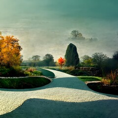 English landscape hill garden in Morden minimalism style natural colour paving seating stone cloud formed topiary soft grasses feature stone bridge autumn acer trees photographic very detailed 