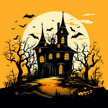 Cartoon Halloween theme with silhouettes of 
spooky house, pumpkins, trees and a flying bats