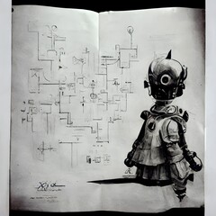 full page technical drawing of a child with Tv head cosplay2 esoterism black latex sketched in steampunk style black ink white paper bright watercolor background cinematic hyper realistic rendered 