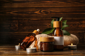 Set of spa supplies on wooden background