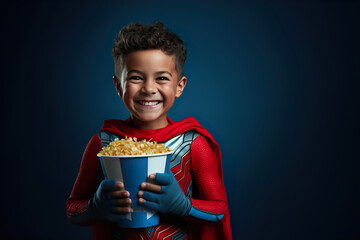 A confident child in a superhero costume hold a bucket of popcorn and shows joyful emotions - obrazy, fototapety, plakaty