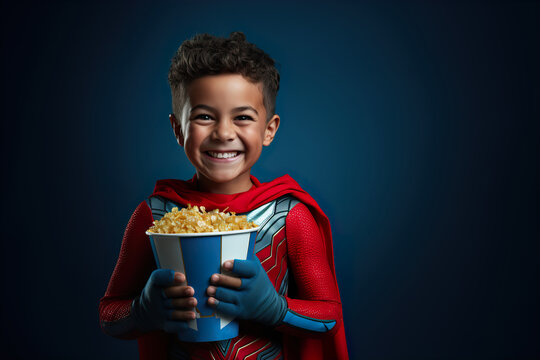 A confident child in a superhero costume hold a bucket of popcorn and shows joyful emotions
