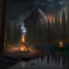 campfire in the wilderness  - obrazy, fototapety, plakaty