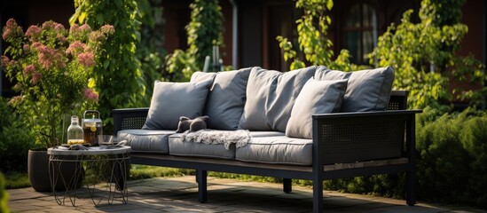 Metal sofa and table with gray cushion in outdoor area
