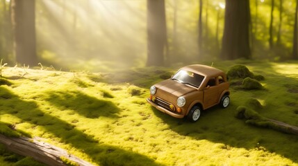 クリーンな電気自動車イメージ、木製のおもちゃの車｜Clean electric car image. wooden toy car. Generative AI - obrazy, fototapety, plakaty