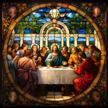 A stained glass window in a church depicting the last supper. Generative ai. 
