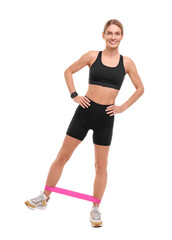 Woman exercising with elastic resistance band on white background