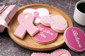 Cookies with pink ribbons and supportive words on grey grunge background. Breast cancer awareness concept