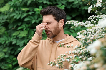 Man suffering from seasonal pollen allergy near blossoming tree on spring day